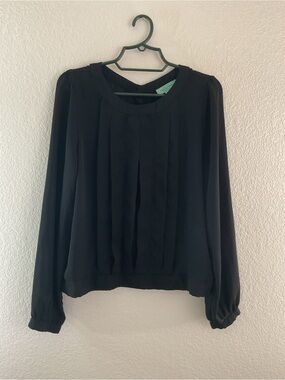 Sugarmint Classic Black Pleated Lace Sheer Long-Sleeve Blouse Petite
